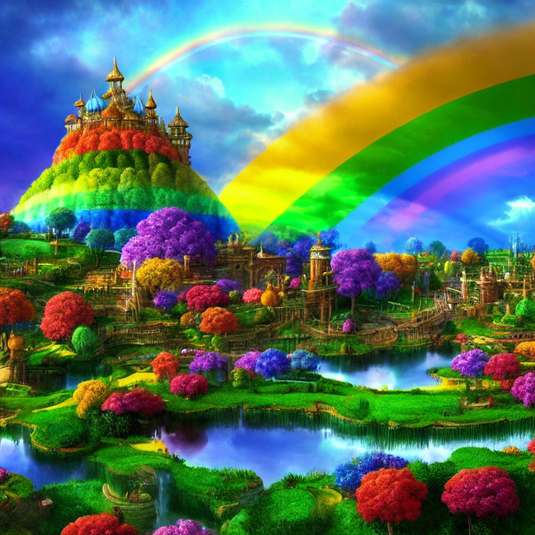 Colorful fantasy landscape with rainbow over castle and lush foliage