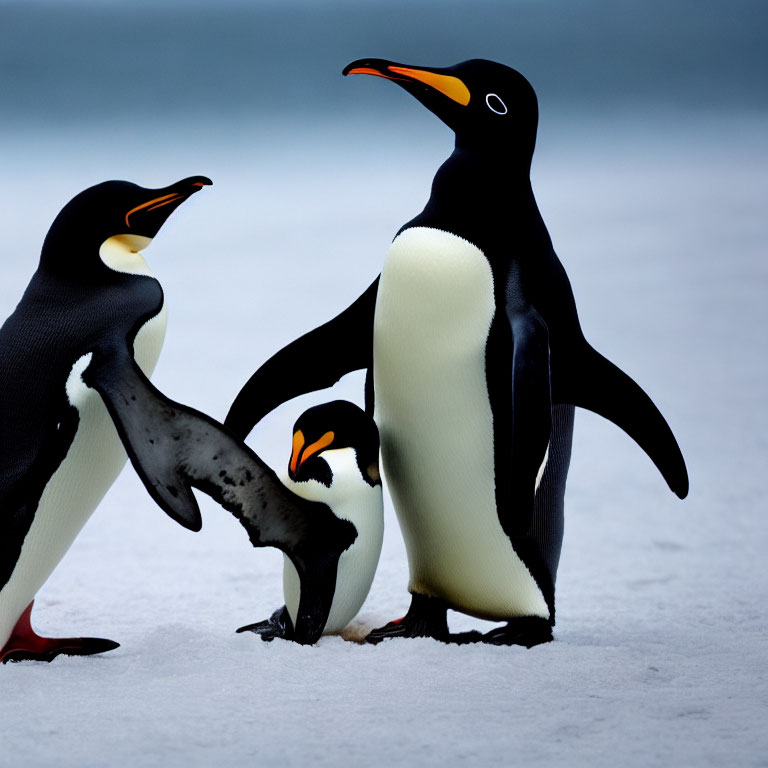 King Penguins in Snowy Setting: 3 Penguins, 1 Standing