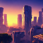 Surreal cityscape with purple and orange glow, high-rise buildings, and lush trees