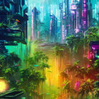 Futuristic cityscape digital art with skyscrapers, palm trees, and rainbow