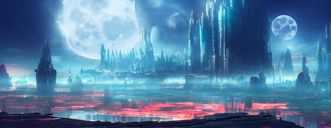 Alien landscape with towering crystal formations and multiple moons