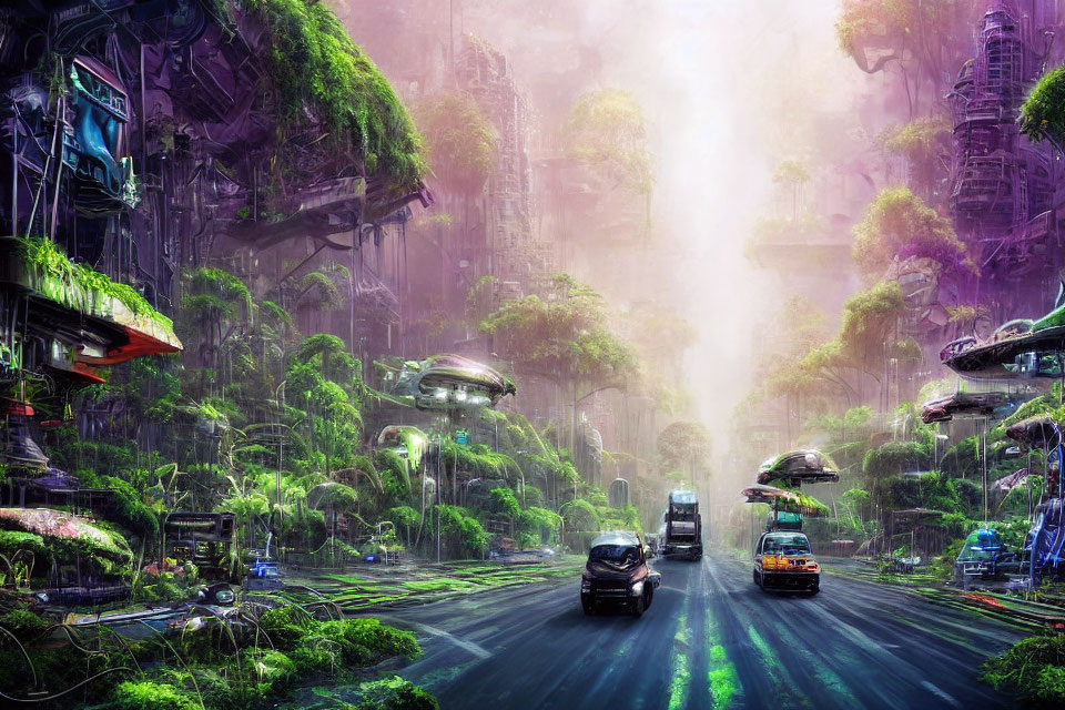 Futuristic cityscape with overgrown jungle and advanced vehicles blending among high-tech structures