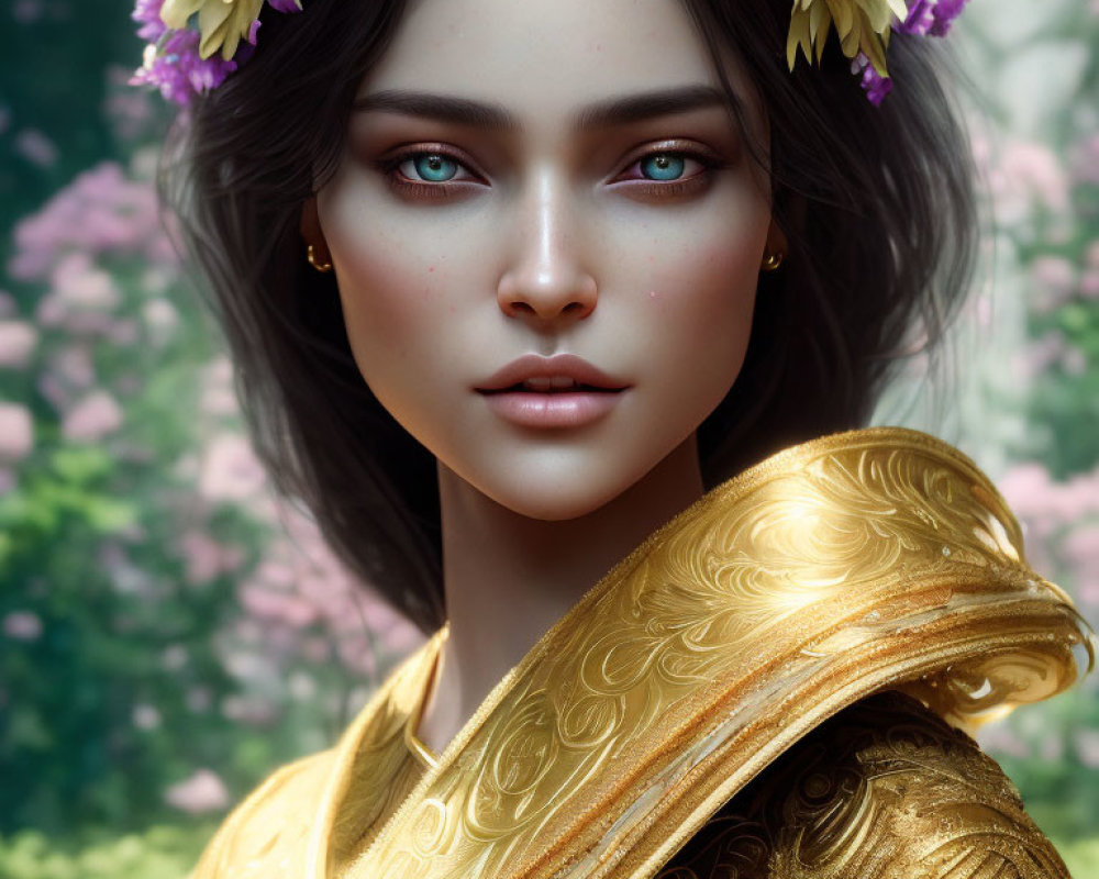Digital portrait of woman with blue eyes, golden floral crown, and ornate armor against pink flower backdrop