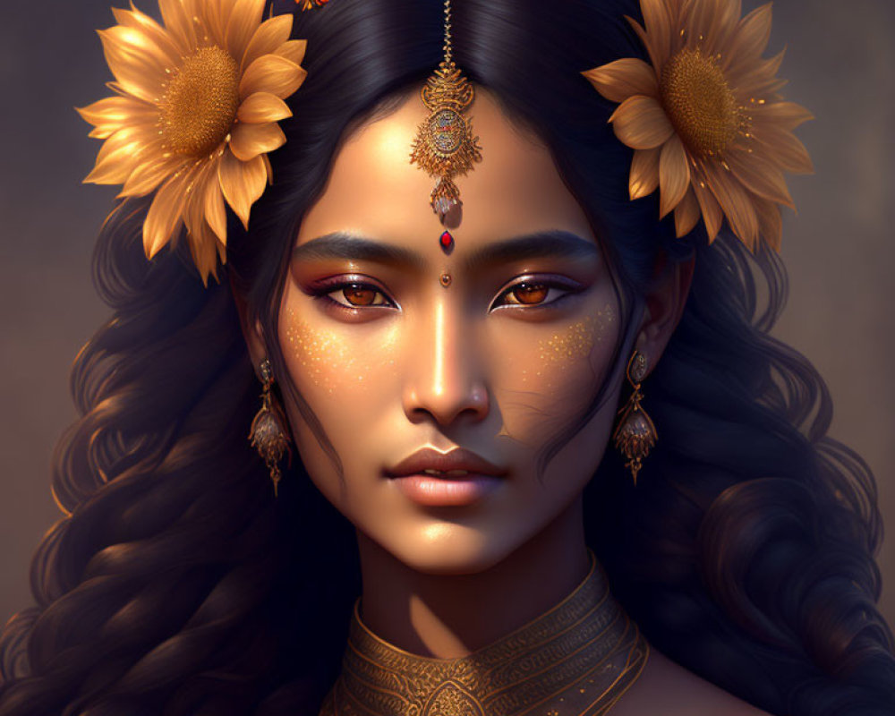 Woman Portrait with Golden Jewelry and Sunflower Adornments