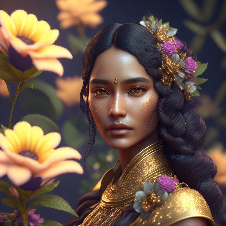 Woman adorned with gold jewelry and floral hairpiece in front of yellow blossoms.