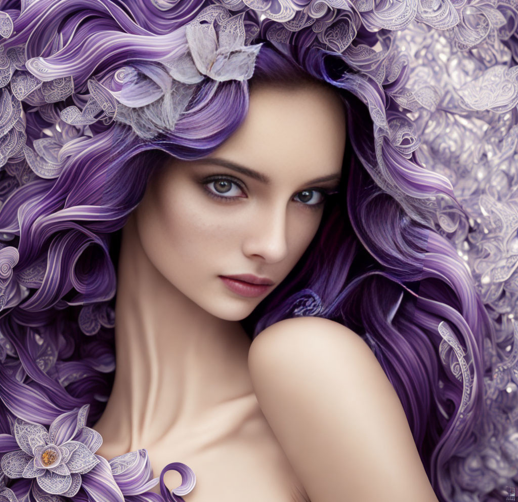 Woman with Blue Eyes and Purple Hair with Flowers and Patterns