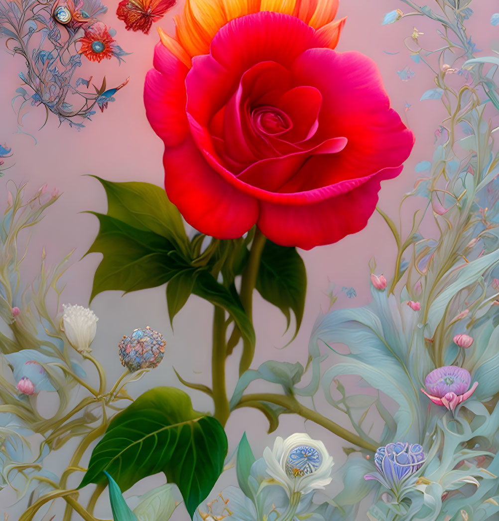Vibrant red rose among blue and pink flowers and butterflies