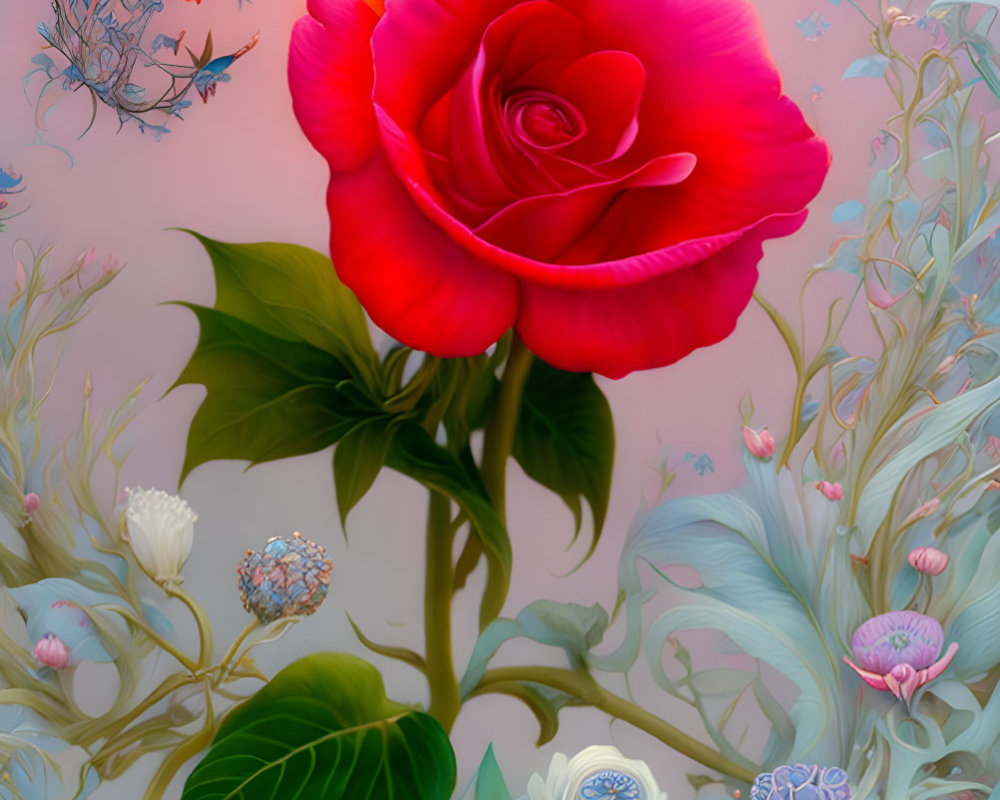 Vibrant red rose among blue and pink flowers and butterflies
