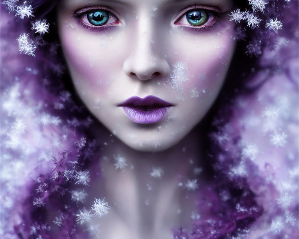 Close-up portrait of woman with blue eyes in snowy fantasy setting