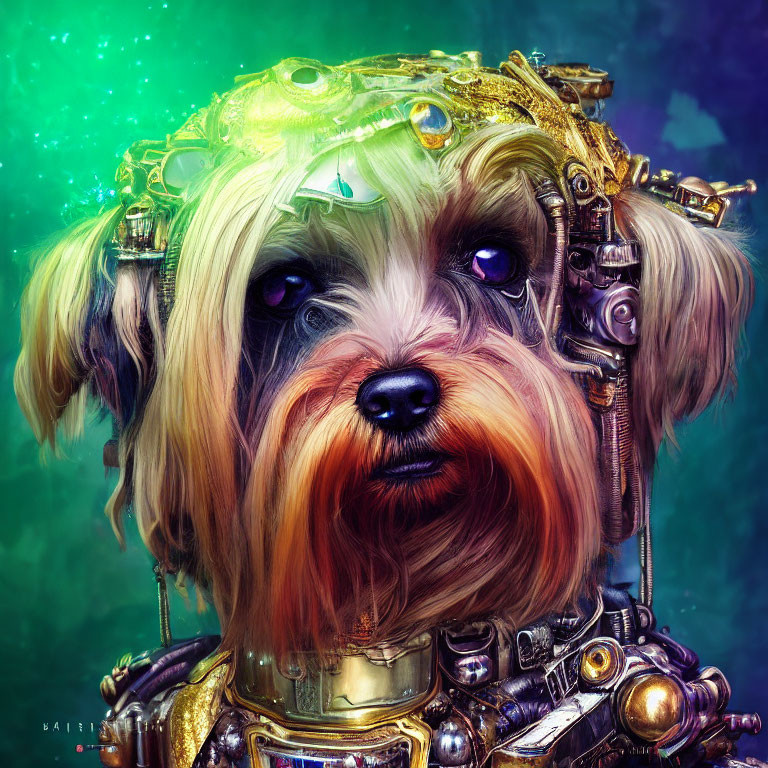 Whimsical dog in futuristic armor against colorful nebula.