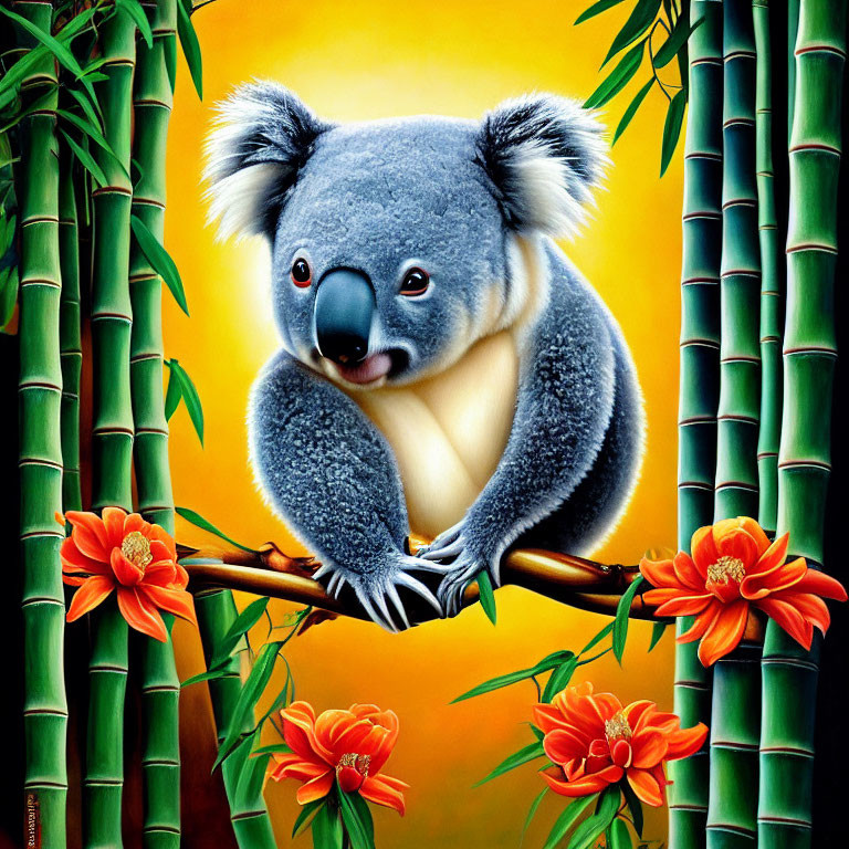 Colorful Koala Holding Bamboo Branch in Lush Greenery