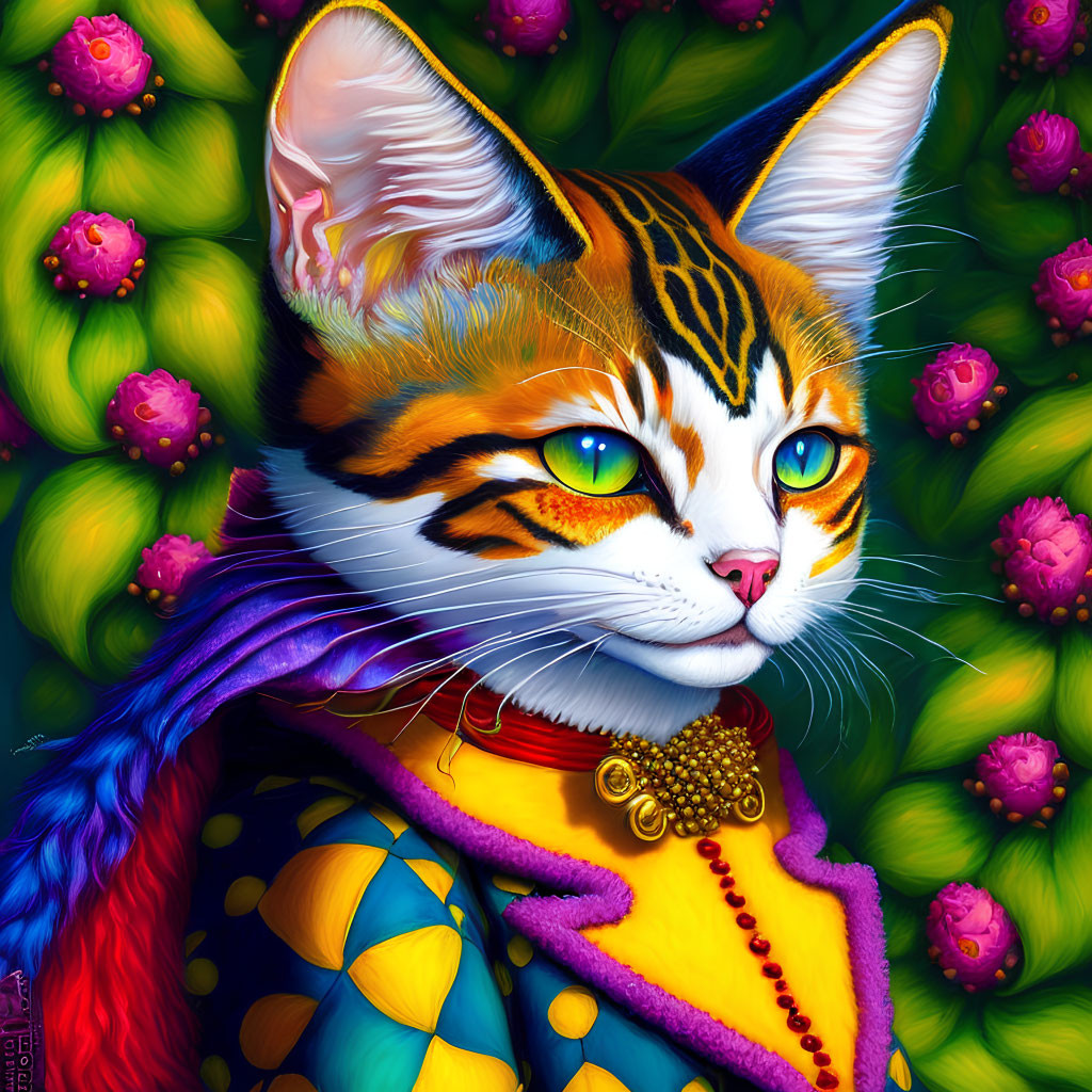 Colorful Stylized Cat Art with Blue Eyes and Rainbow Fur