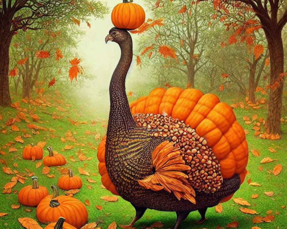 Peacock with Pumpkin-like Feathers in Autumn Forest