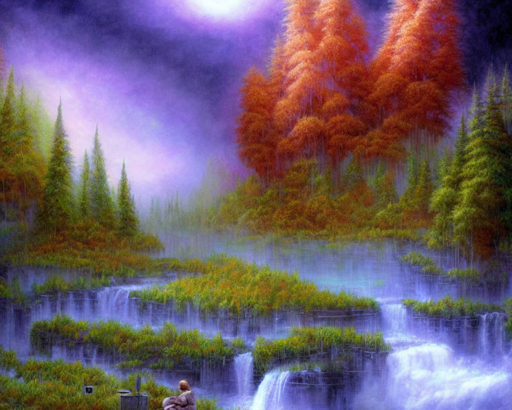 Tranquil painting of person by waterfall in misty forest under moon