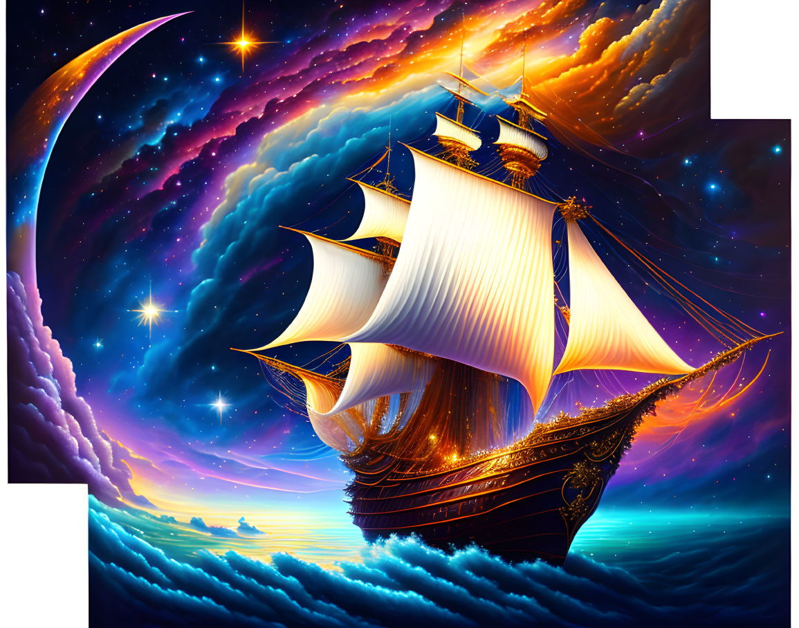 Majestic ship with billowing sails in vibrant cosmic sky