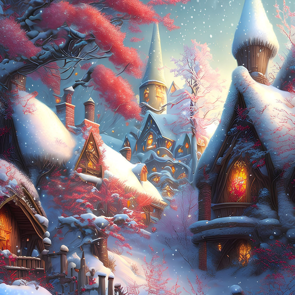 Snow-covered rooftops and red-leafed trees in a magical winter village