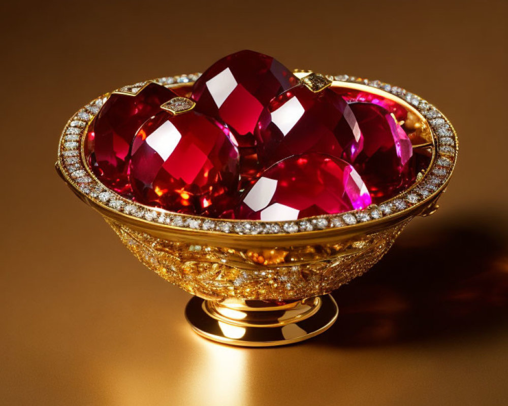 Luxurious Golden Bowl with Diamonds and Rubies on Reflective Surface