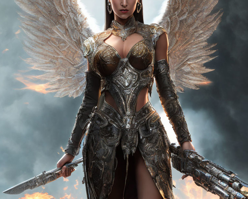 Warrior woman with angelic wings in metallic armor and sword against dramatic sky