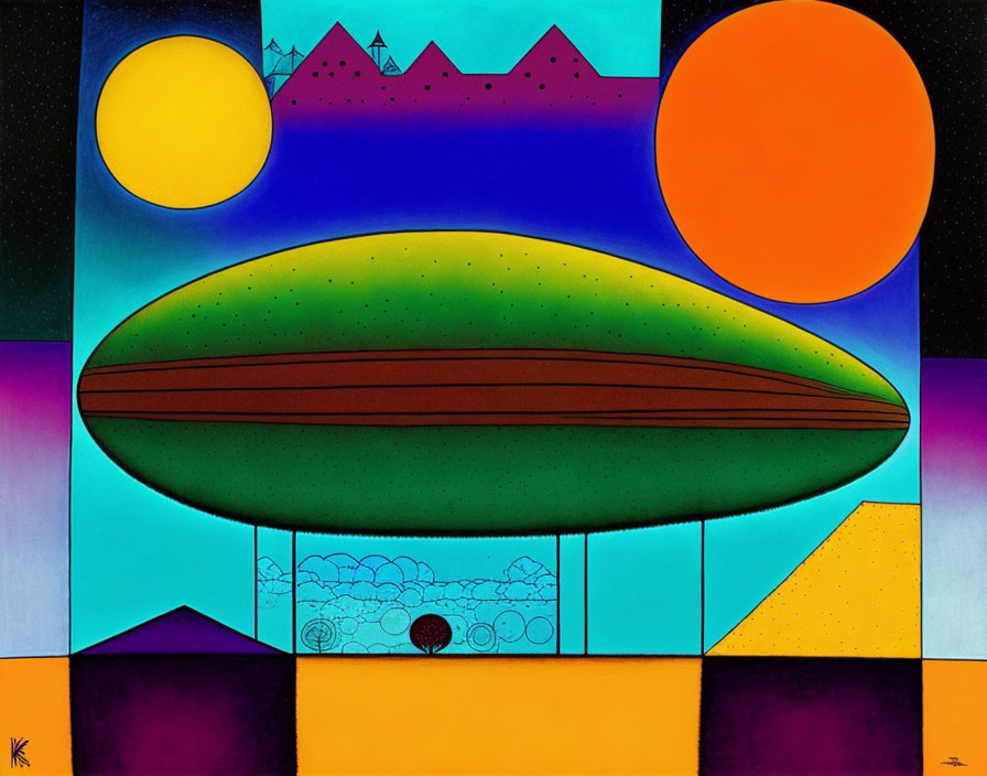 Vibrant geometric landscape with sun, moon circles, and floating ellipse