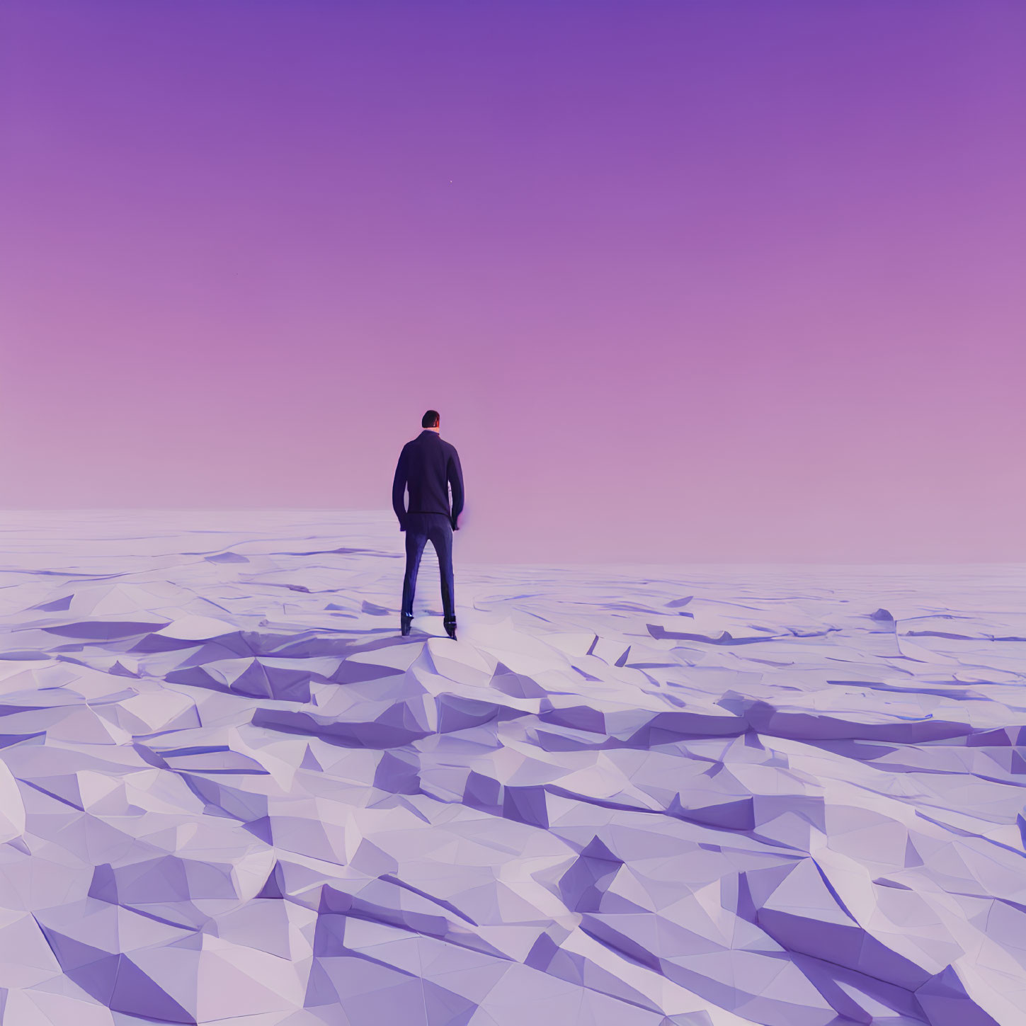 Solitary Figure in Fragmented Purple Landscape