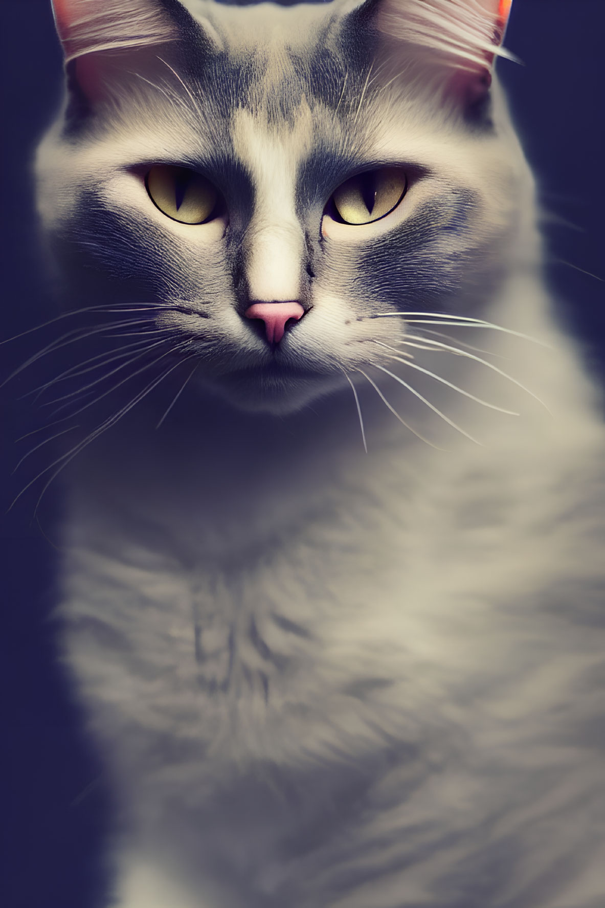 Grey and White Cat with Yellow Eyes and Pink Nose on Dark Background