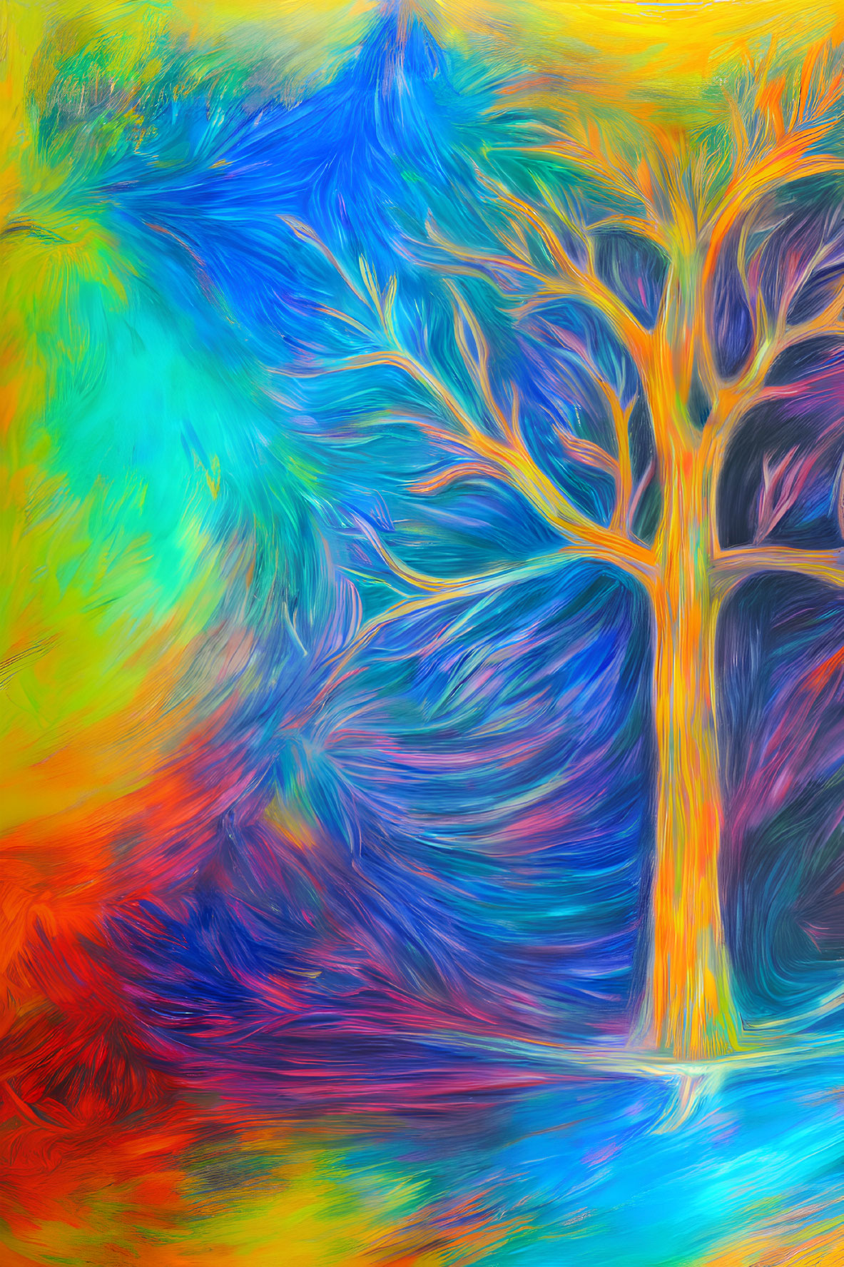 Colorful abstract painting: Swirling tree in vibrant spectrum.