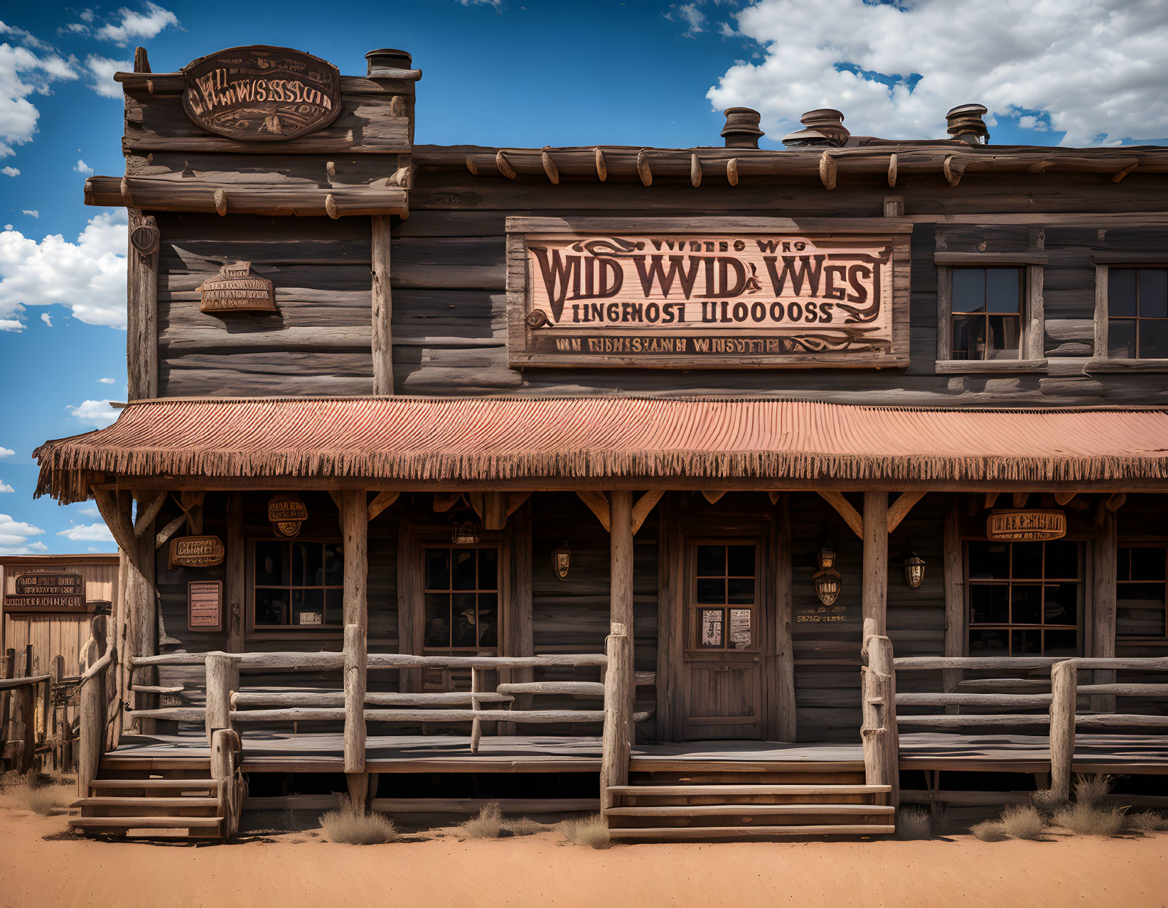 Wild West-themed building with rustic wooden facade and bold signage under clear blue sky