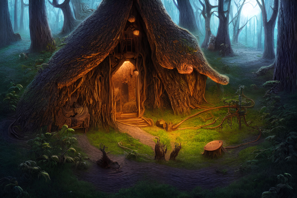 Enchanting forest scene with whimsical cottage and mystical trees