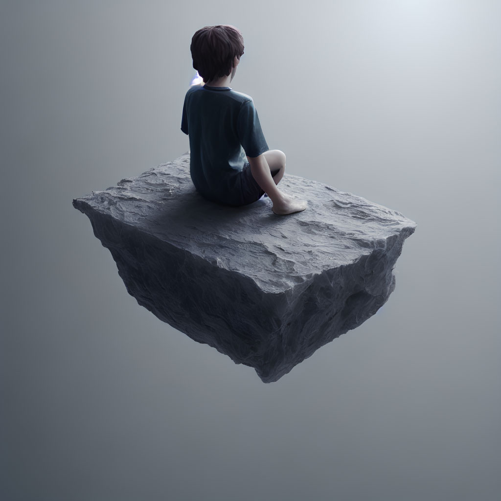 Person sitting barefoot on levitating rock platform, contemplating in isolation