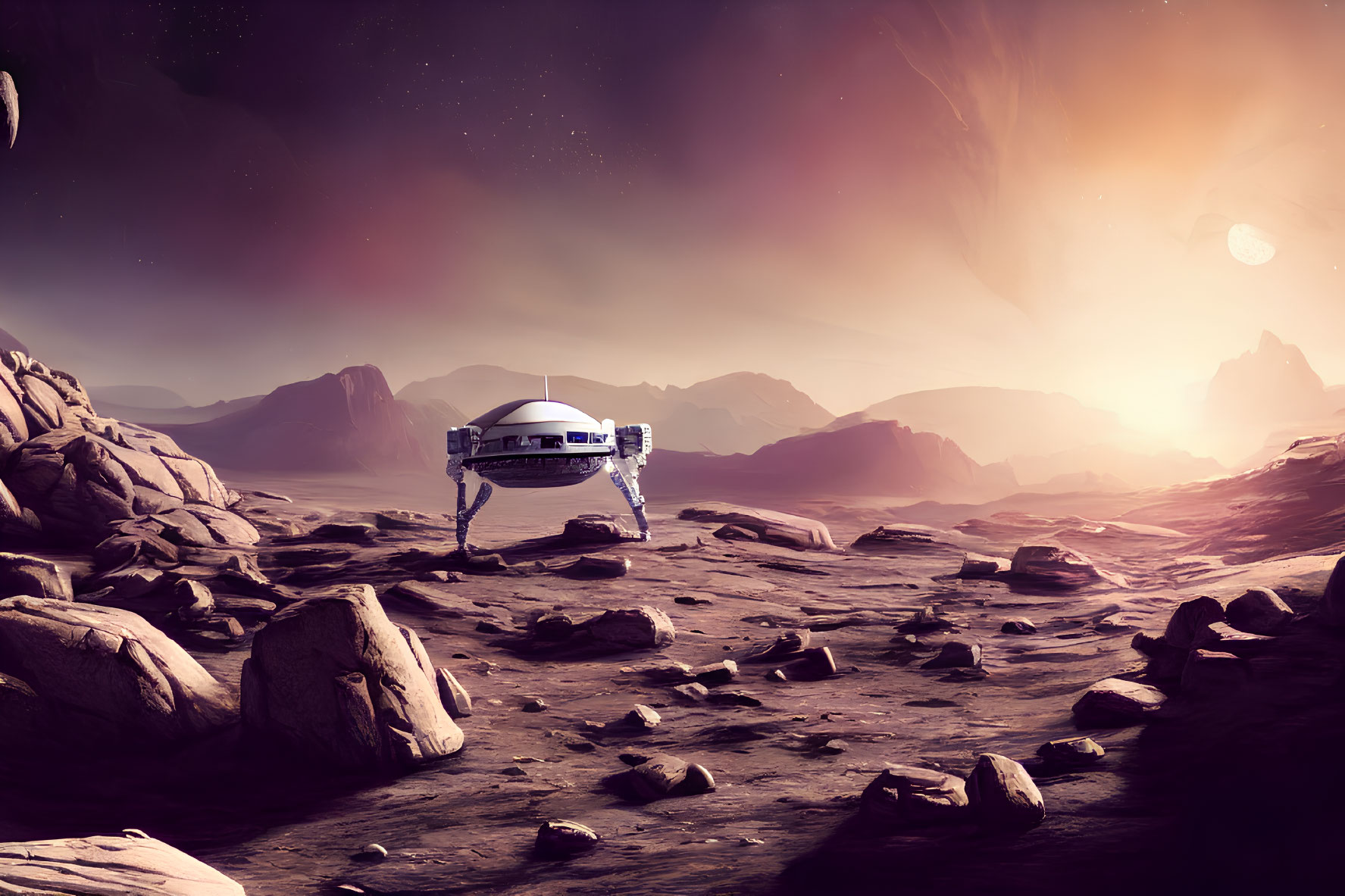 Robotic lander in rocky alien landscape with low sun and distant planet.