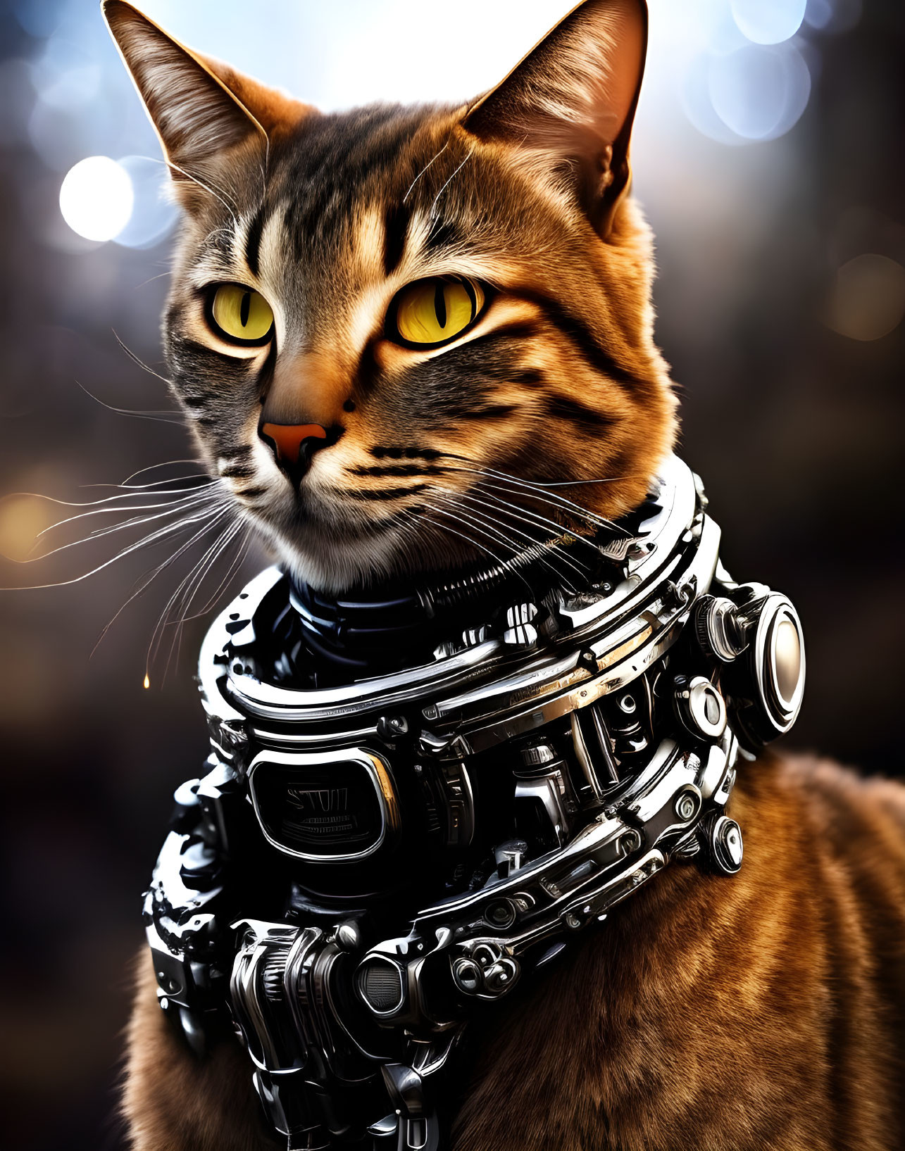 Tabby Cat with Yellow Eyes in Futuristic Collar on Blurred Background