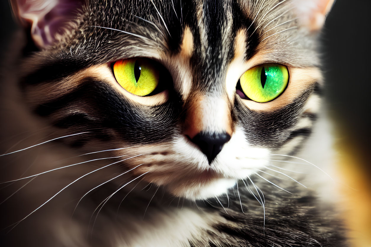 Tabby cat with green eyes and striped fur close-up.