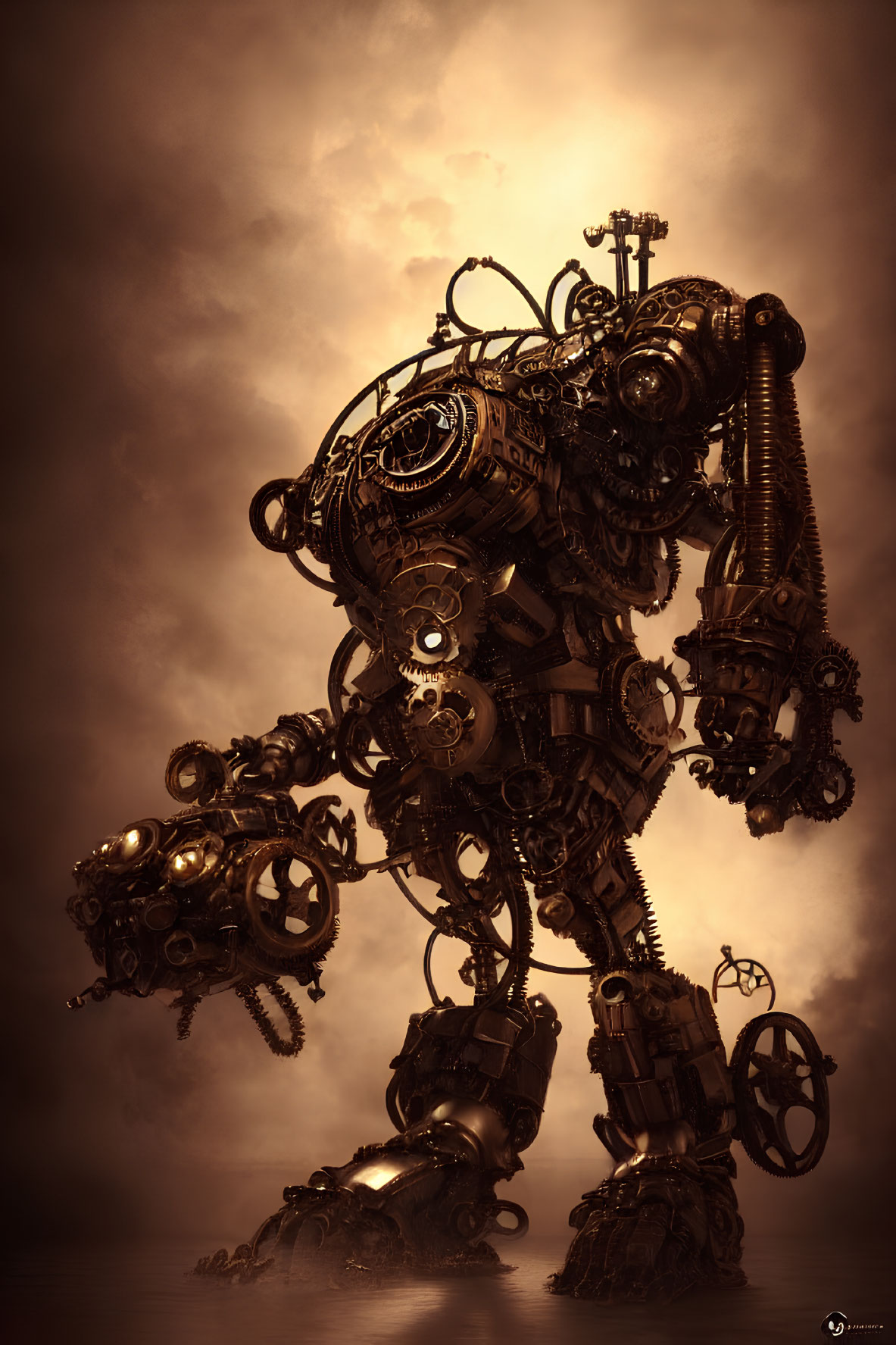 Steampunk-style robot with gears and cogs under dramatic sky