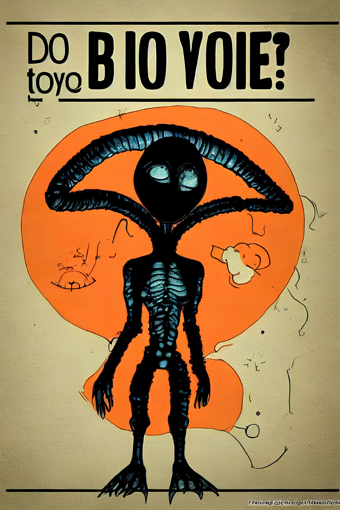 Stylized alien illustration with large eyes on orange backdrop