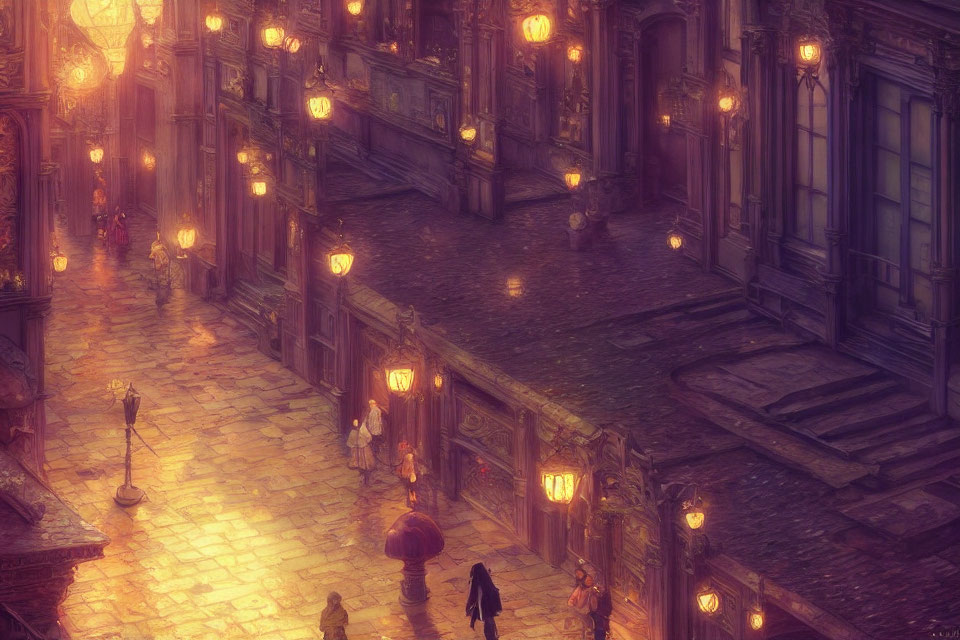 Vintage-style illustration of cobblestone street with classical buildings and glowing lanterns.