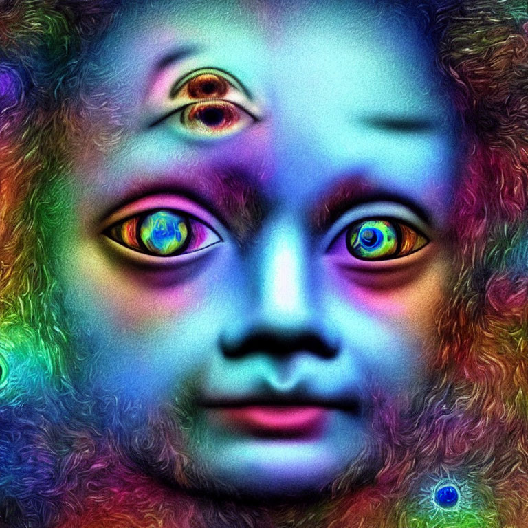 Abstract multi-colored digital art: surreal face with multiple eyes