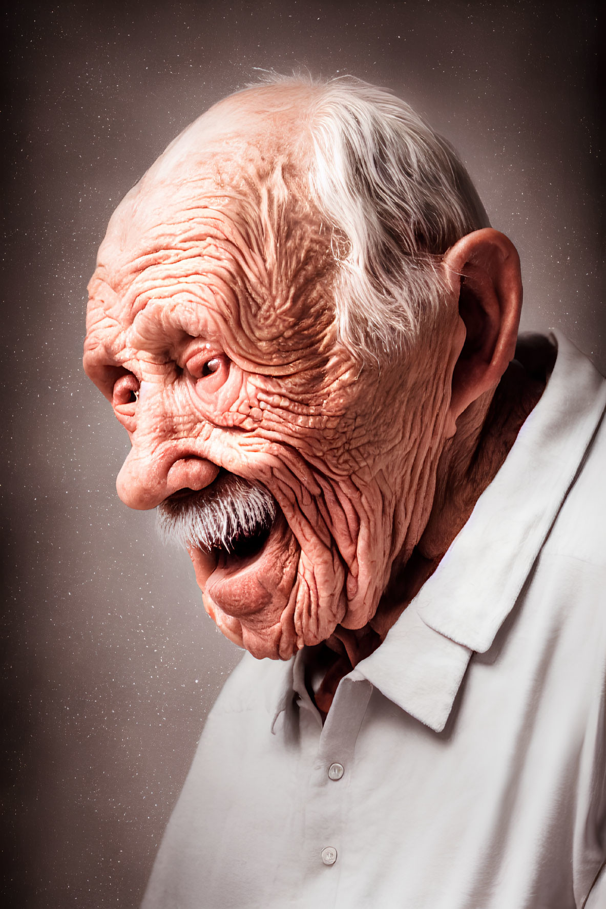 Elderly gentleman with deep wrinkles and white hair in white shirt on brown backdrop