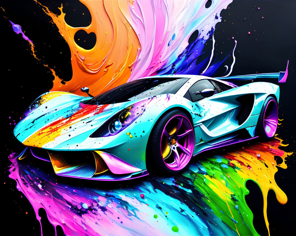 Dynamic Sports Car with Colorful Paint Splash