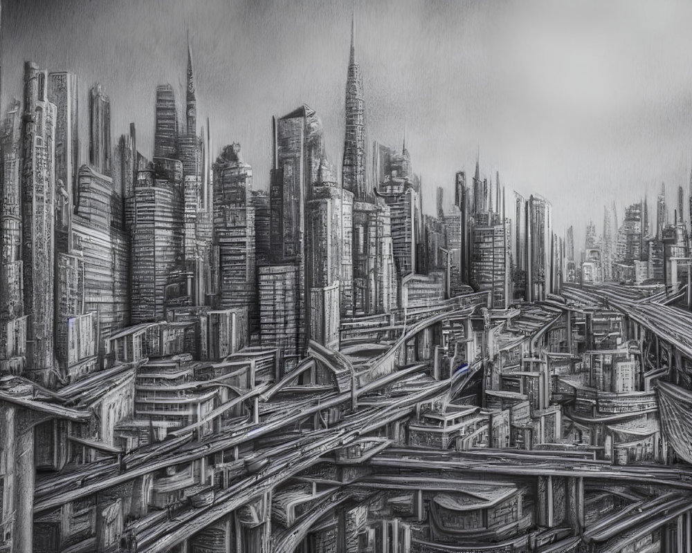 Monochrome sketch of futuristic cityscape with towering skyscrapers.