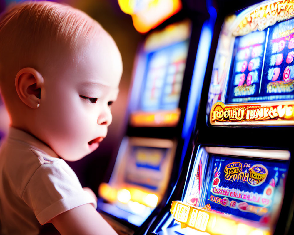 Baby captivated by colorful slot machine screen