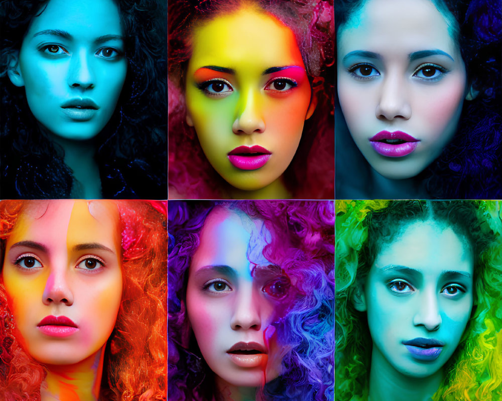 Six vibrant artistic portraits of a woman with bold makeup and multi-colored lighting.
