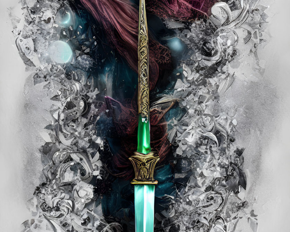 Purple-haired person with ornate glowing sword in fantasy setting