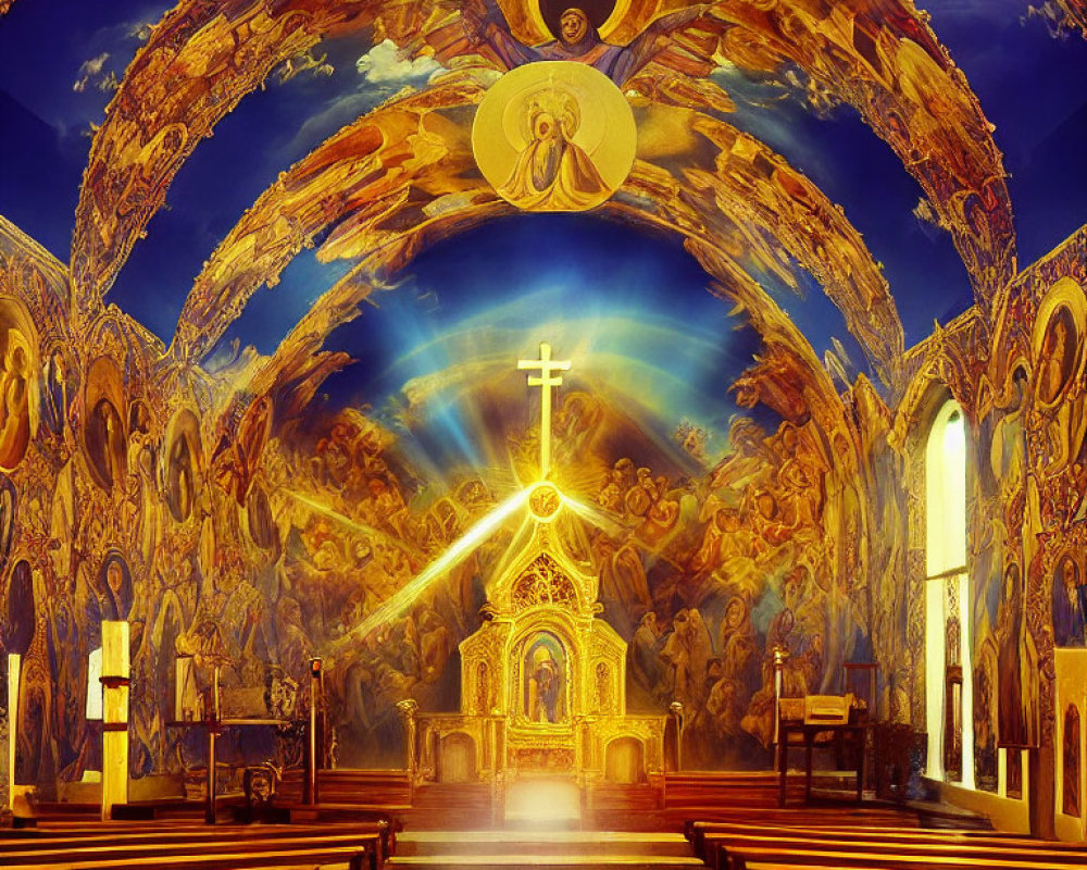 Golden altar, frescoed ceilings, radiant cross in ornate church interior