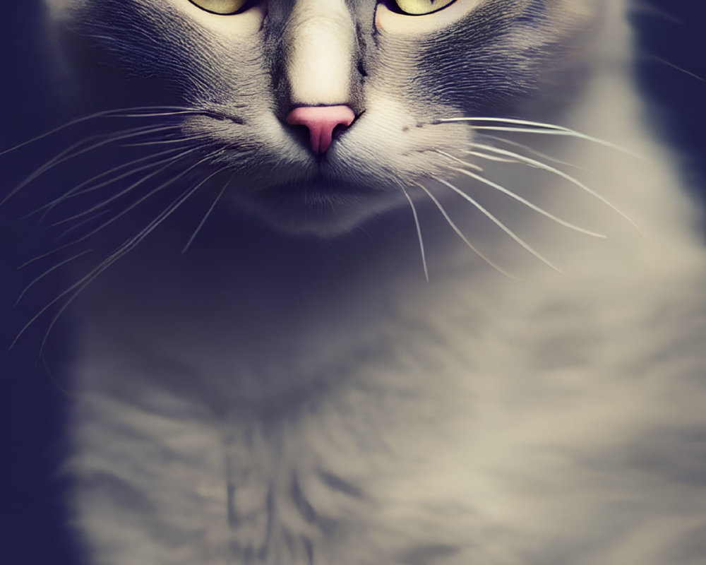 Grey and White Cat with Yellow Eyes and Pink Nose on Dark Background