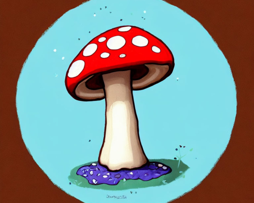 Stylized red mushroom with white spots on brown background
