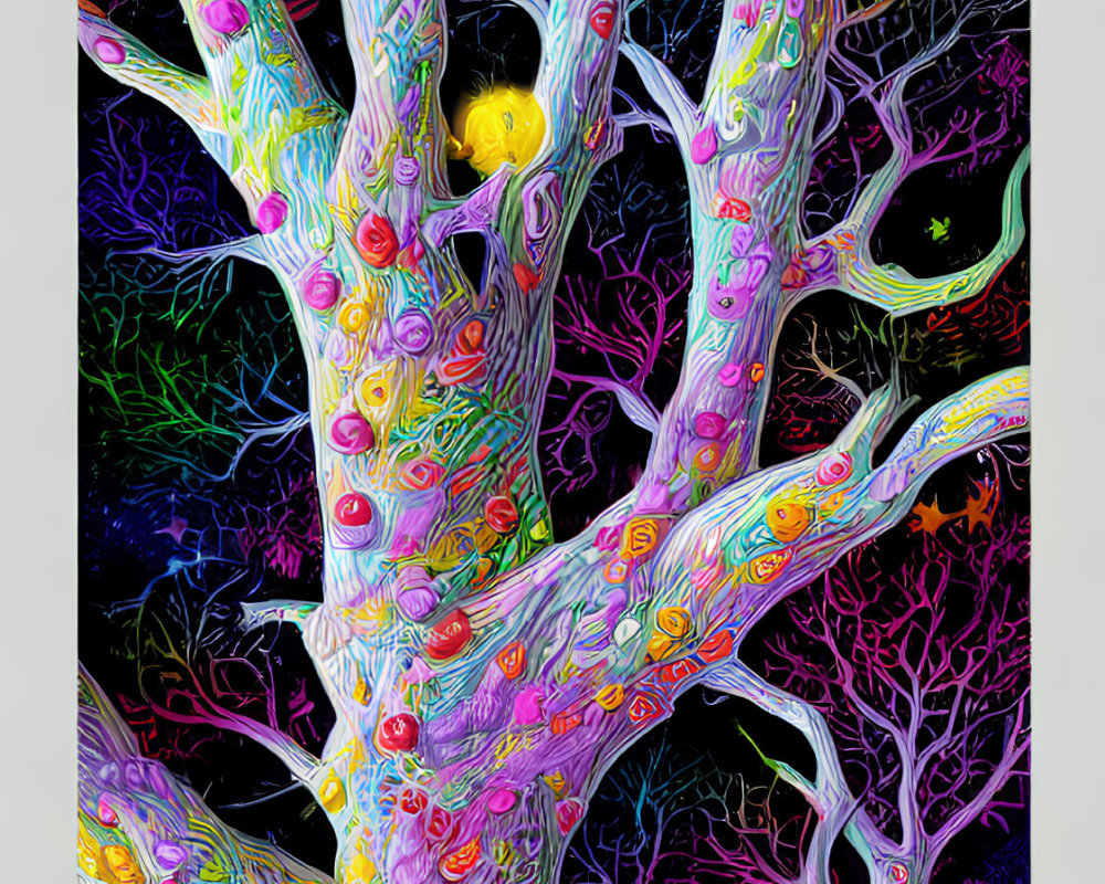 Colorful Psychedelic Tree Illustration with Fruits on Dark Background