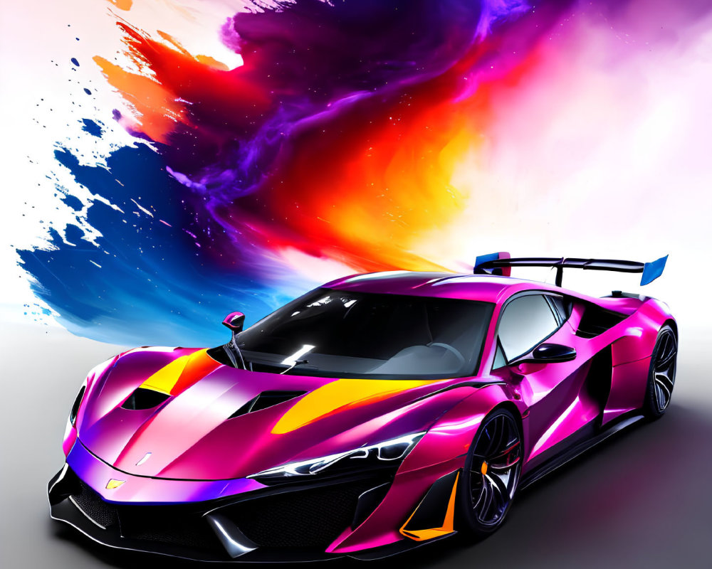 Multicolored Abstract Art Backdrop with Sports Car and Neon Accents