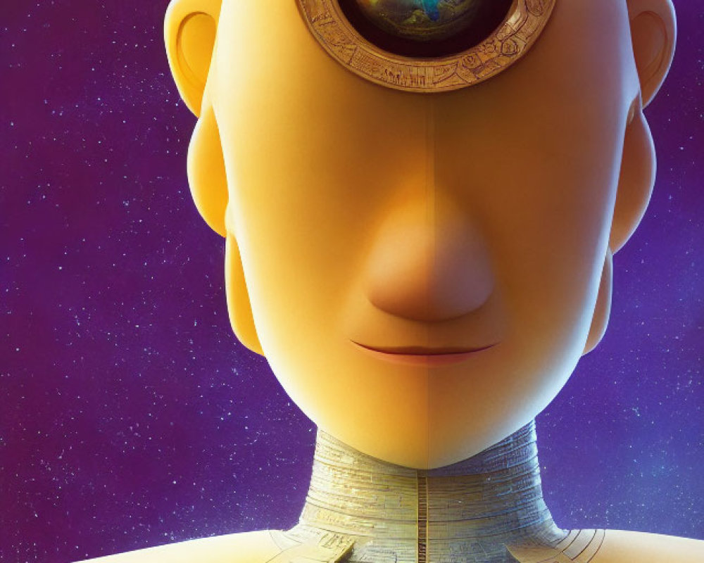 Digital artwork featuring humanoid figure with cosmic orb in forehead against starry space background