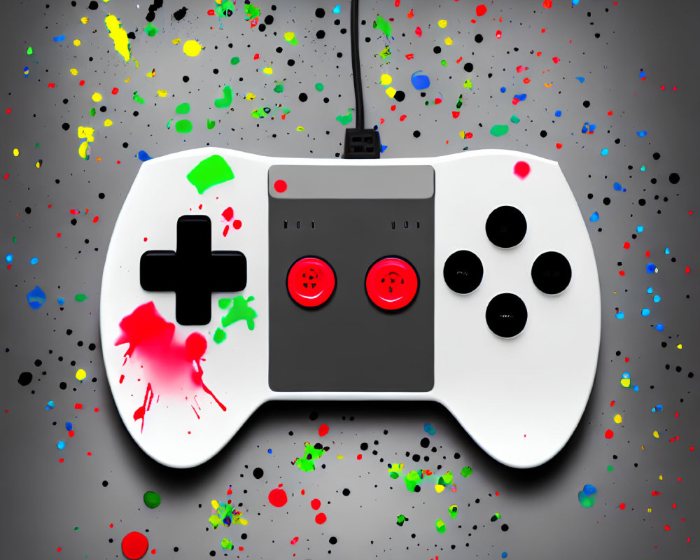 White Video Game Controller with Red Buttons Splattered in Colorful Paint on Gray Background