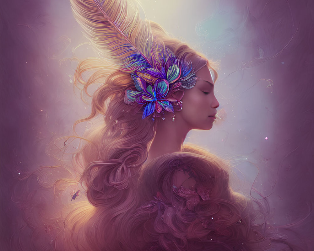 Digital artwork of woman with flowing hair and feathered headdress.